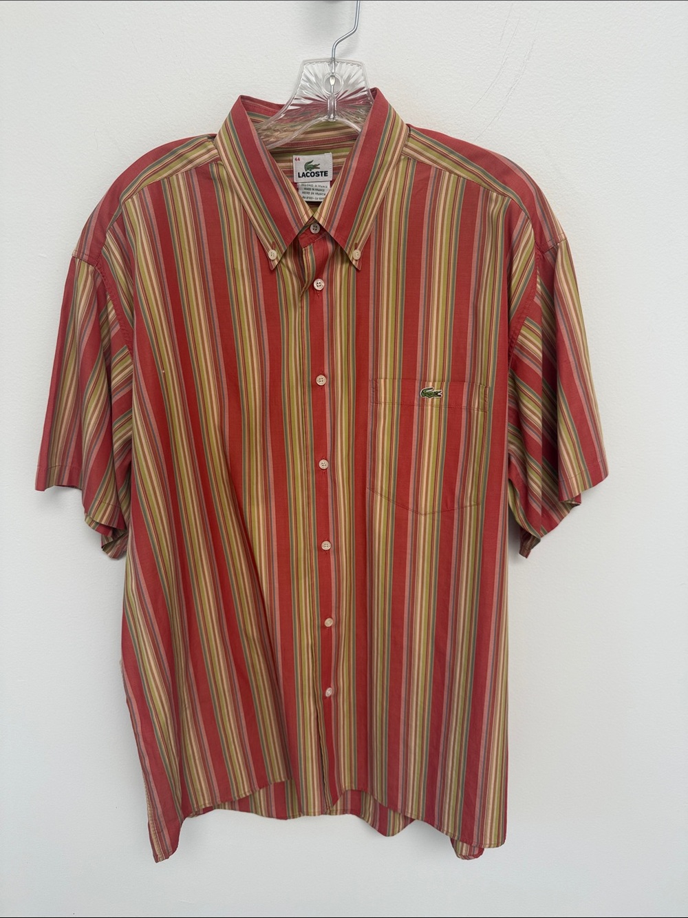 Lacoste Red and Tan Striped Short-Sleeve Button-Down Shirt